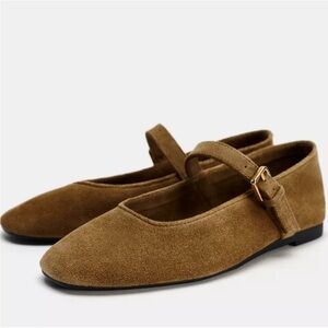 Zara Brown Suede Flats with Gold Buckle